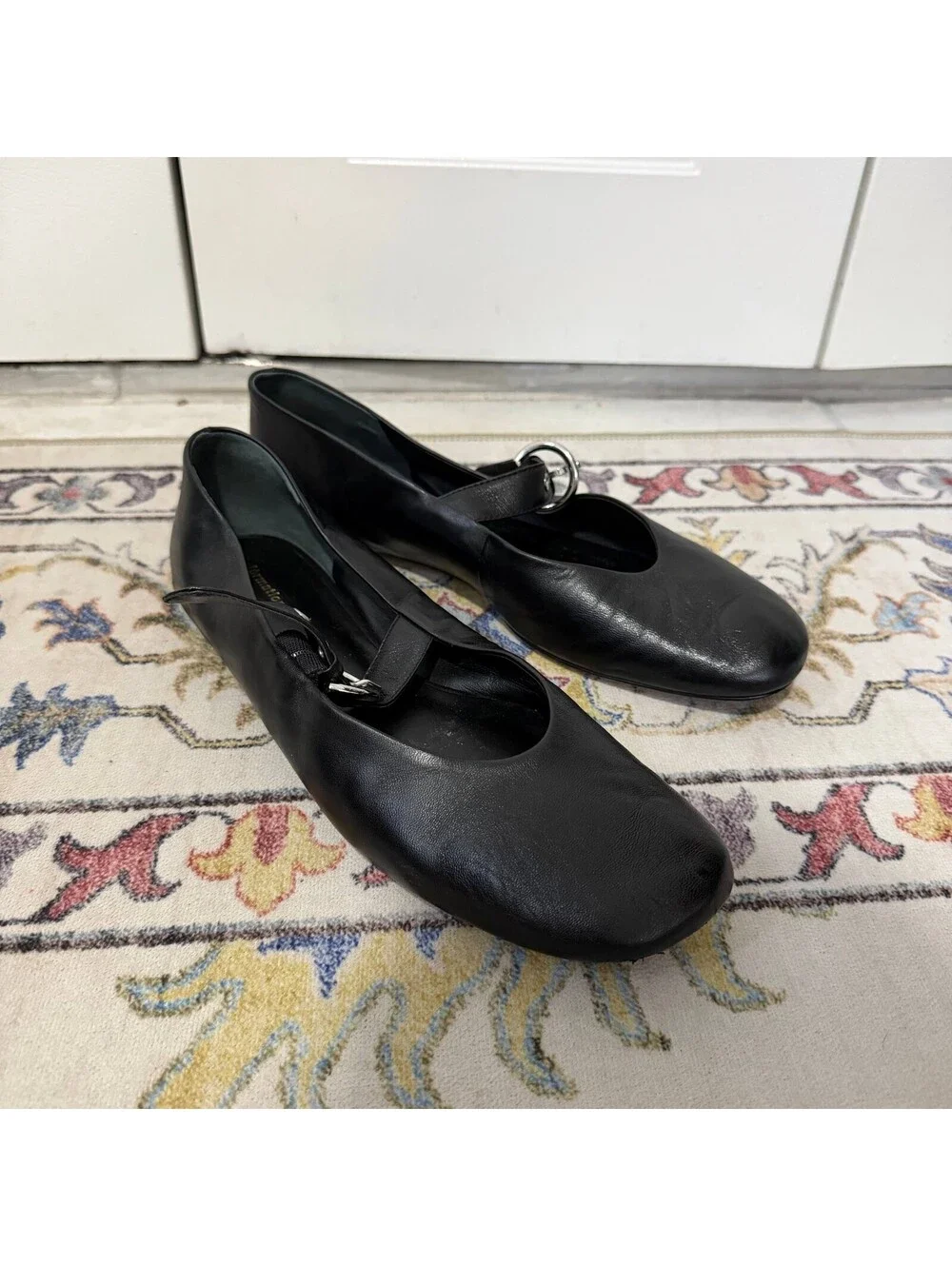 Reformation 9.5 Black Leather Mary Jane Ballet Flats Silver Buckle Shoes